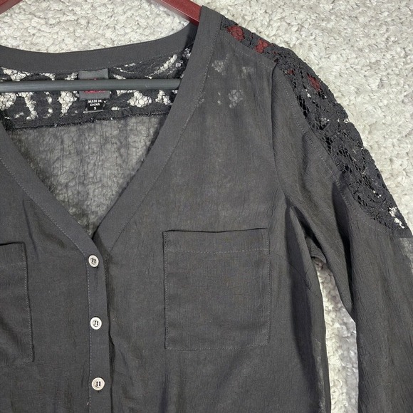 Bebe Womens Sheer Lace Button Up Blouse Black Tie Front Long Sleeve‎ Small Goth - Picture 3 of 13
